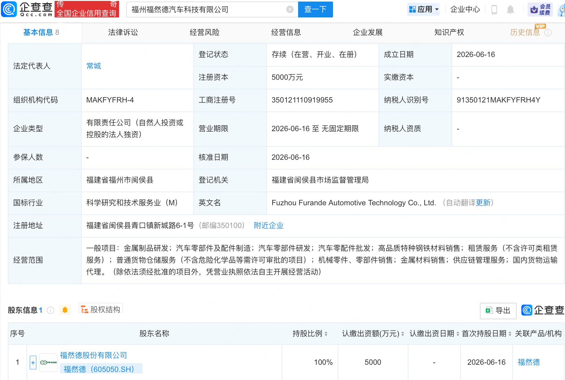 福然德投资成立汽车科技新公司