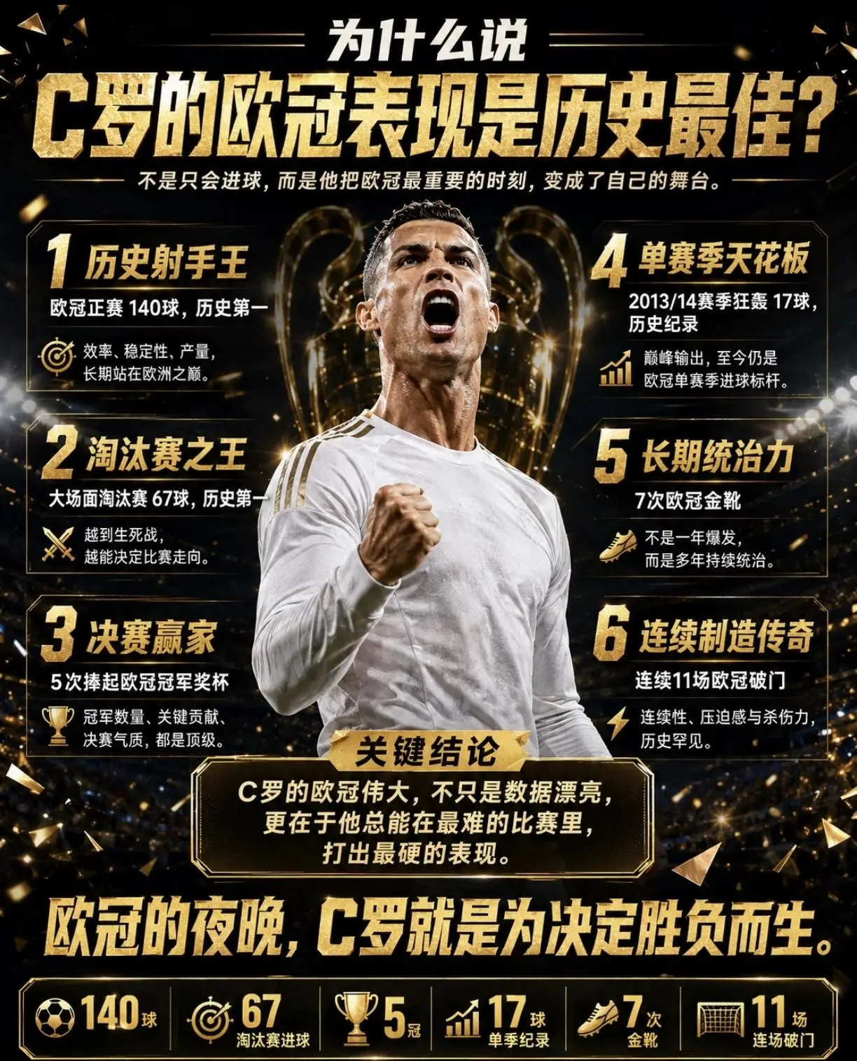 C罗欧冠强于梅西，应该毫无疑问吧！C罗欧冠表现：一、冠军奖杯：5座（曼联+皇马两