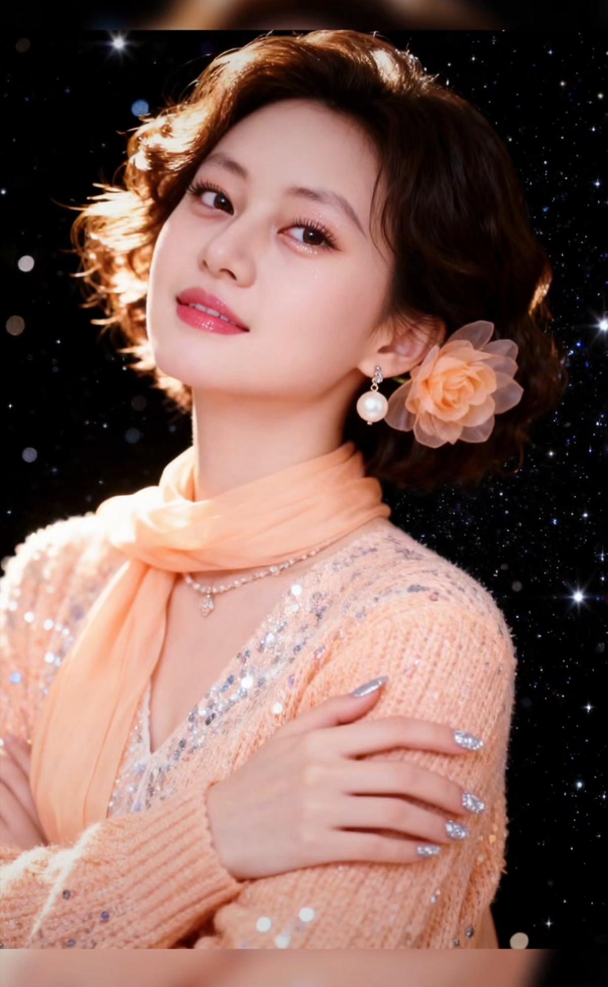 优雅复古风，珍珠耳环与花饰相得益彰，散发迷人魅力。