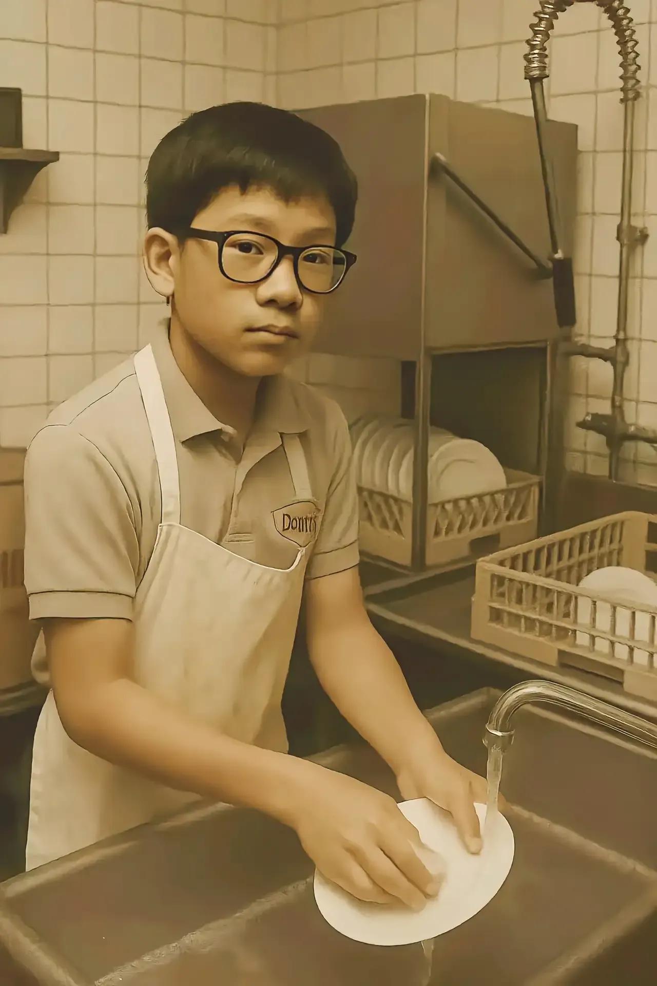 这是世界华裔首富黄仁勋刚到美国，在餐厅刷盘子时的情景。1972年，9岁的黄仁勋被
