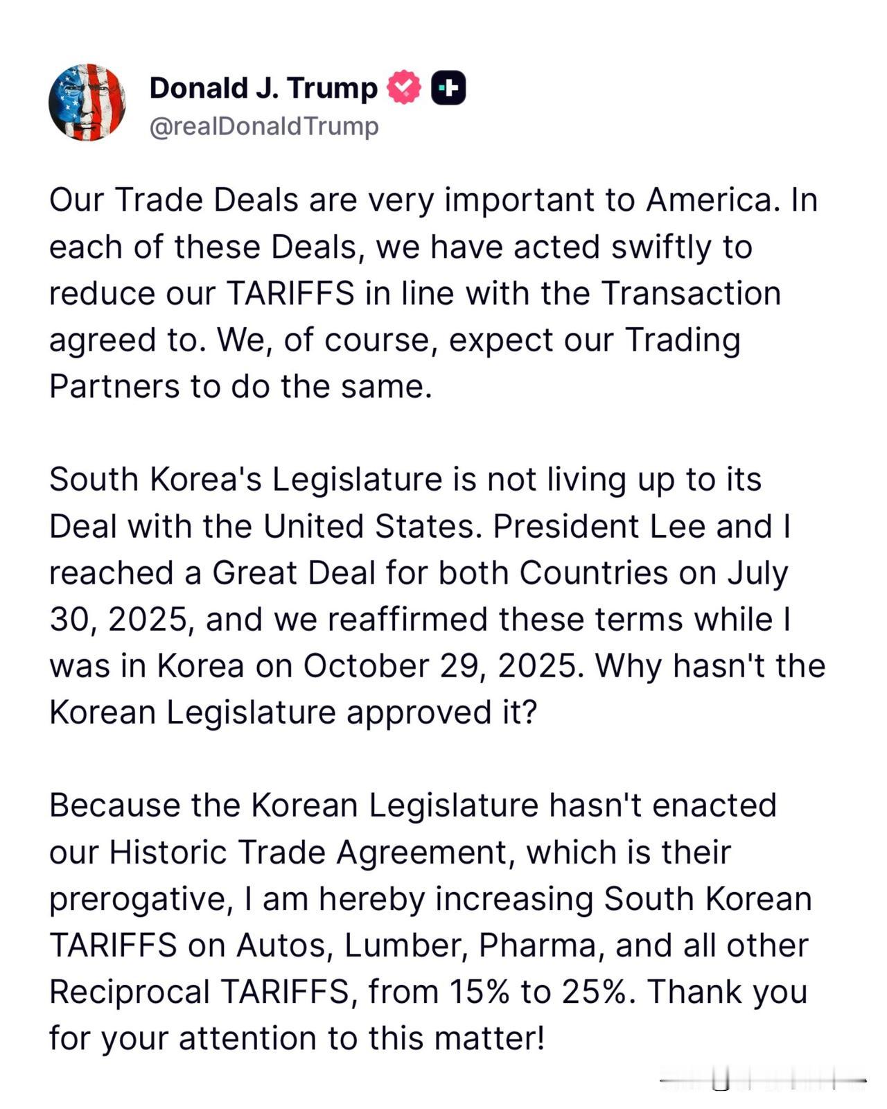 老美开始搞韩国这个不听话的私生子了！
🚨最新消息： 特朗普总统对韩国加征关税，