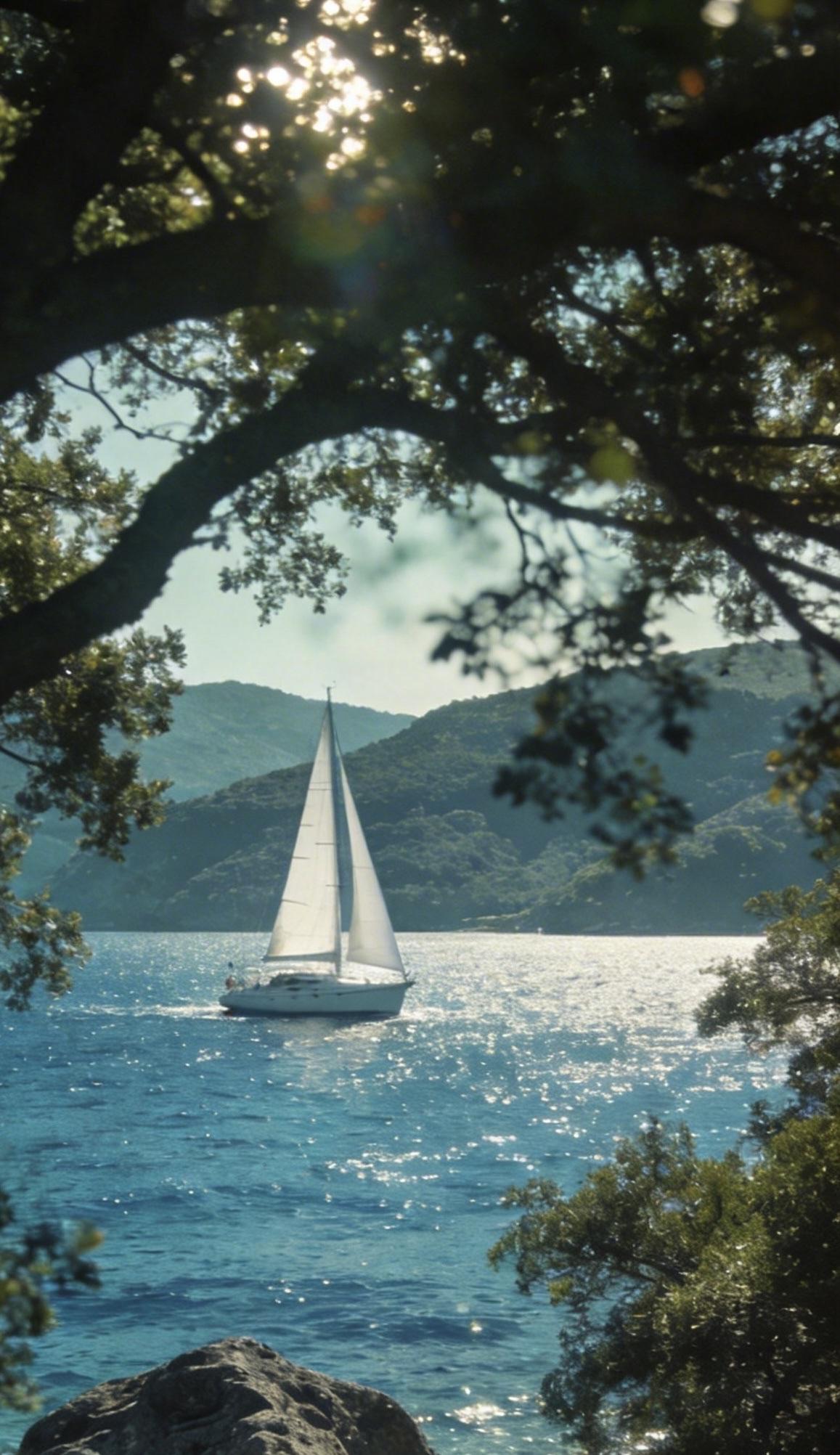 精美壁纸（688）🌈
📝正面平视望去，枝叶交错间漏出一片开阔海景。澄澈蓝天映