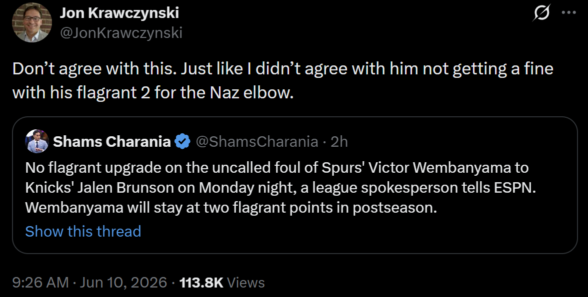 早前Shams表示：一位联盟发言人告诉ESPN，周一晚上马刺队球员文班亚马对尼克