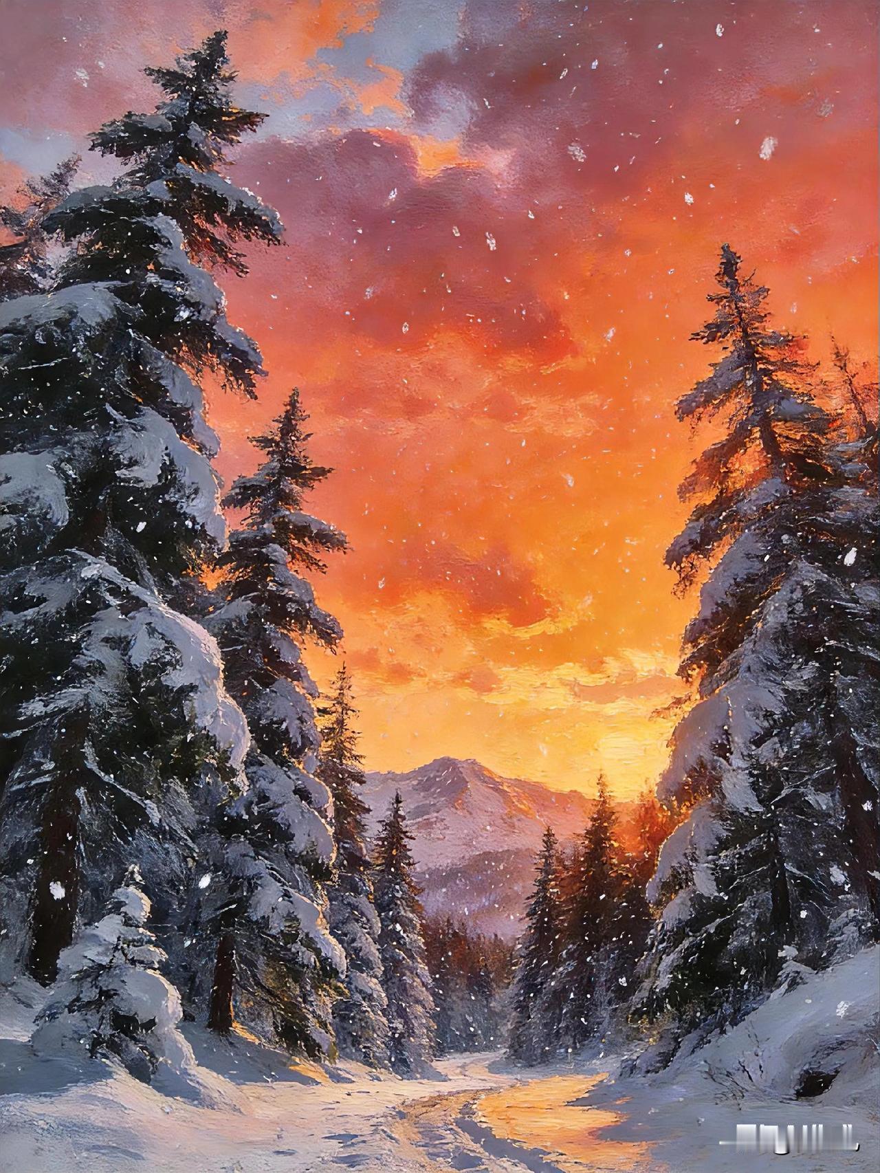 雪落松枝，是天空垂下的素帛，晚霞执笔，以熔金为墨，轻轻一染，便晕开了冬日的温柔。
