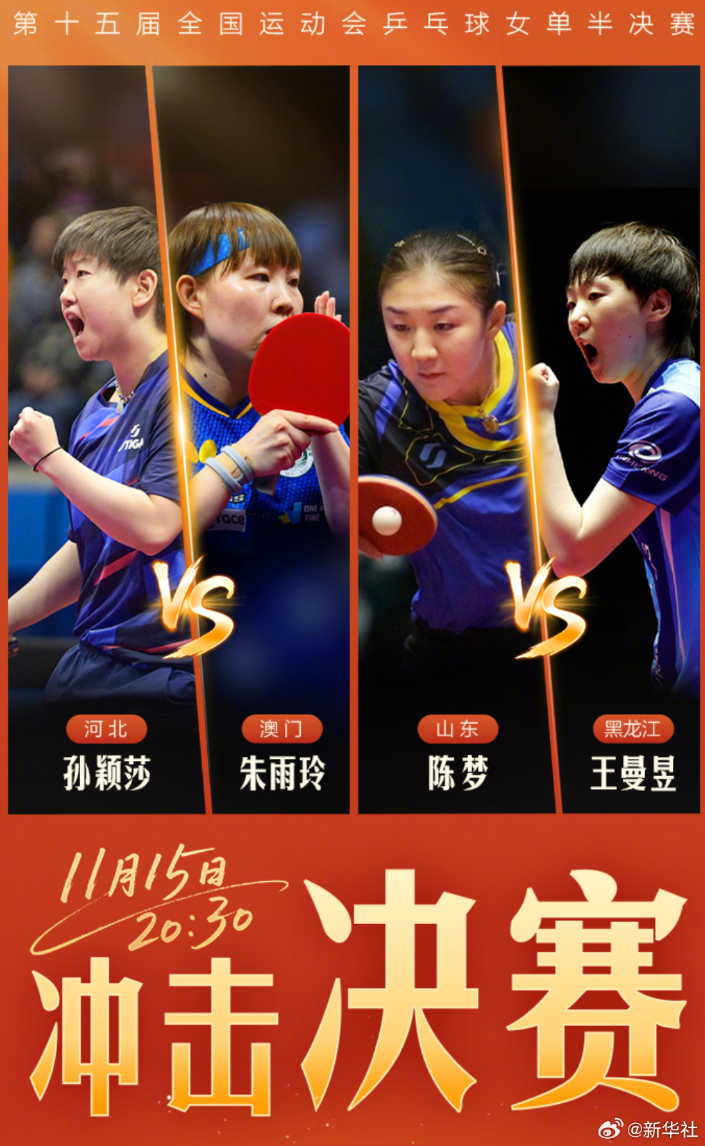 【转发加油！全运会】今晚20:30，第十五届全国运动会乒乓球女单半决赛将进行。 
