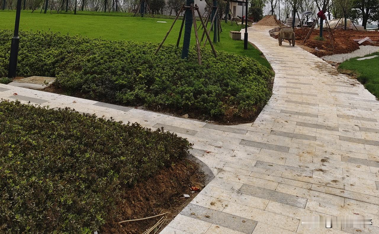 弧形，都是弧形！公园所有的主道和岔道一律是圆弧设计，施工难度比较大。
难怪前面的