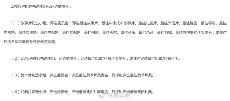 关于金鸡奖评选规则的几个关键信息，有一个重点在最后一条：图1：按片种组建初选小组