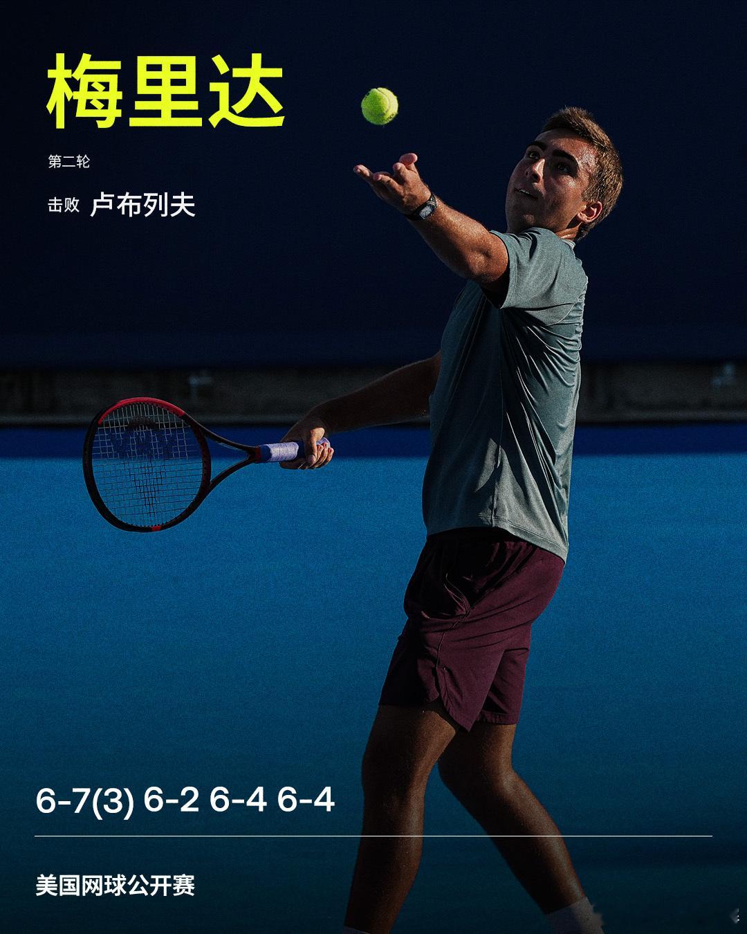 卢布列夫止步第二轮美网2026 男单第二轮，梅里达以 6-7(3) 6-2 6-