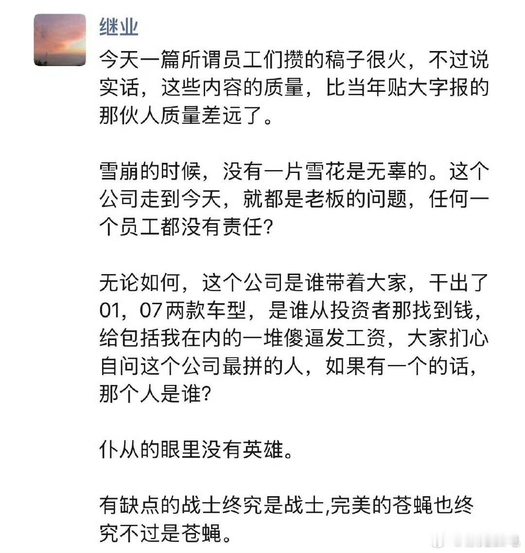 极越公关总监称完美的苍蝇终究是苍蝇   真会舔呀！员工能起啥作用，核心问题是CE