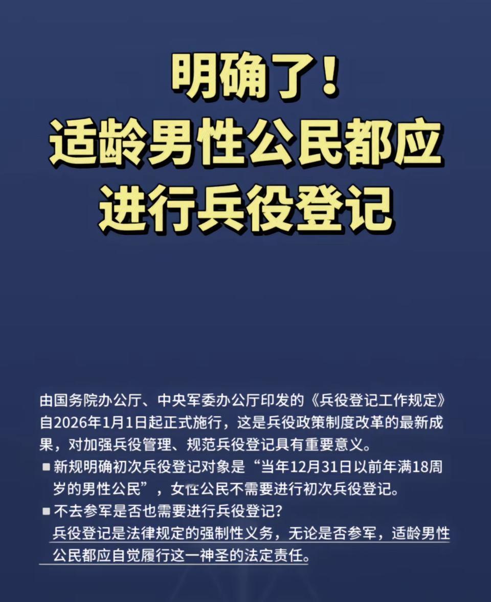 2026年1月1日起，《兵役登记工作规定》正式施行啦，男性公民可得重视起来！新规