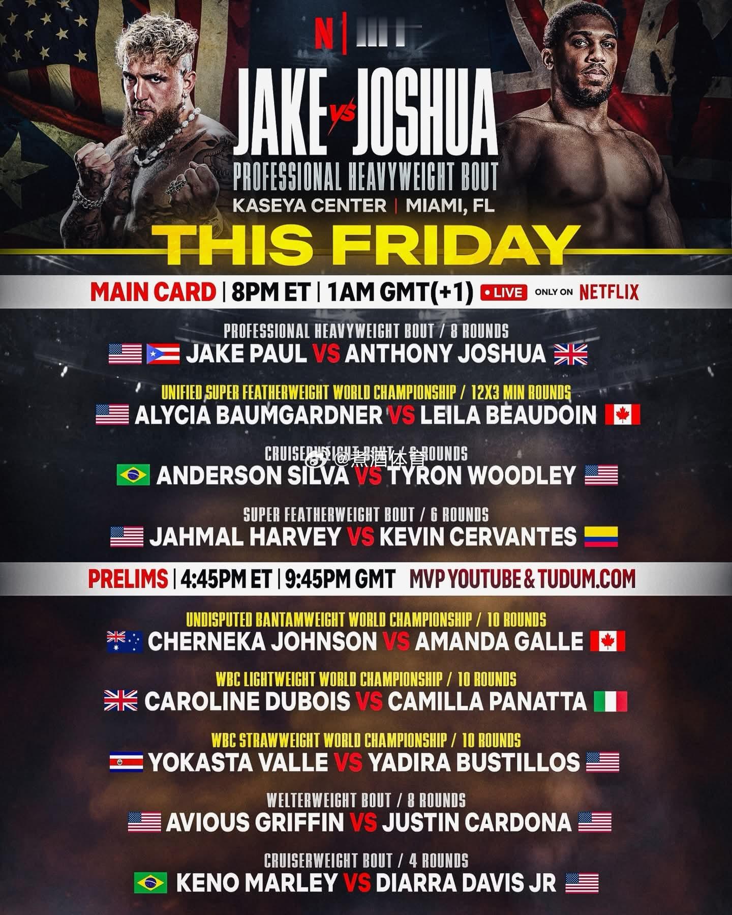 拳坛速递 ✅ 本周末Netflix直播赛事顺序。副赛:1️⃣ 基诺·马利Keno