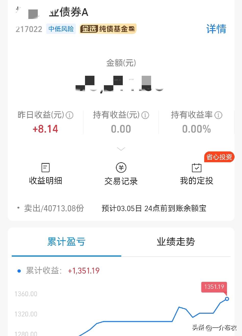 今天真的忍到极限了，清仓了一只债券基金。
支付宝金选的债基，买了7万多，陆陆续续