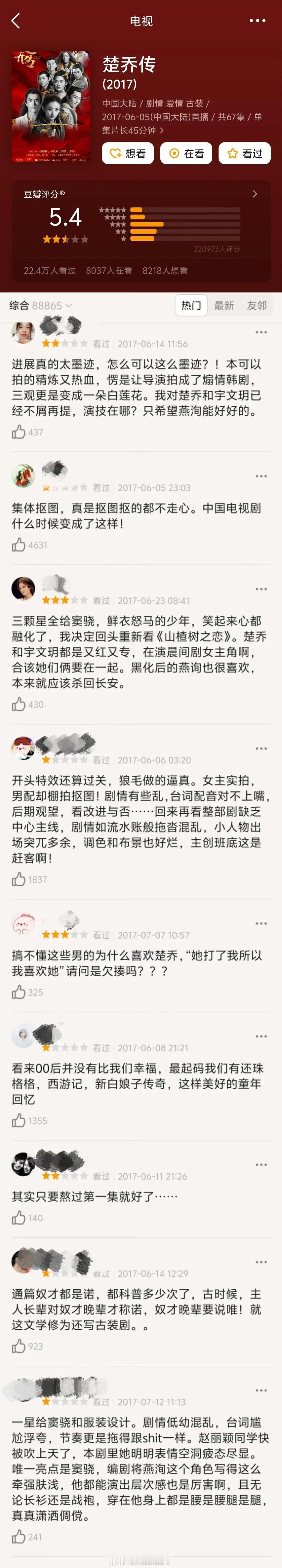 《楚乔传》当时是烂片吗？22万人评出5.4分，打分人数不多～分值不高，现在算岁月