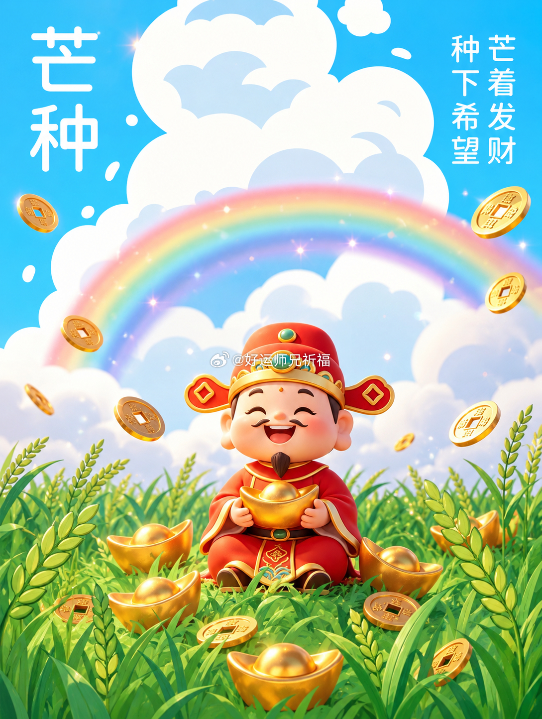今日芒种节气，芒种有“收成”之意，也有“种福”之象。今日宜祈福、开光、解除、治病