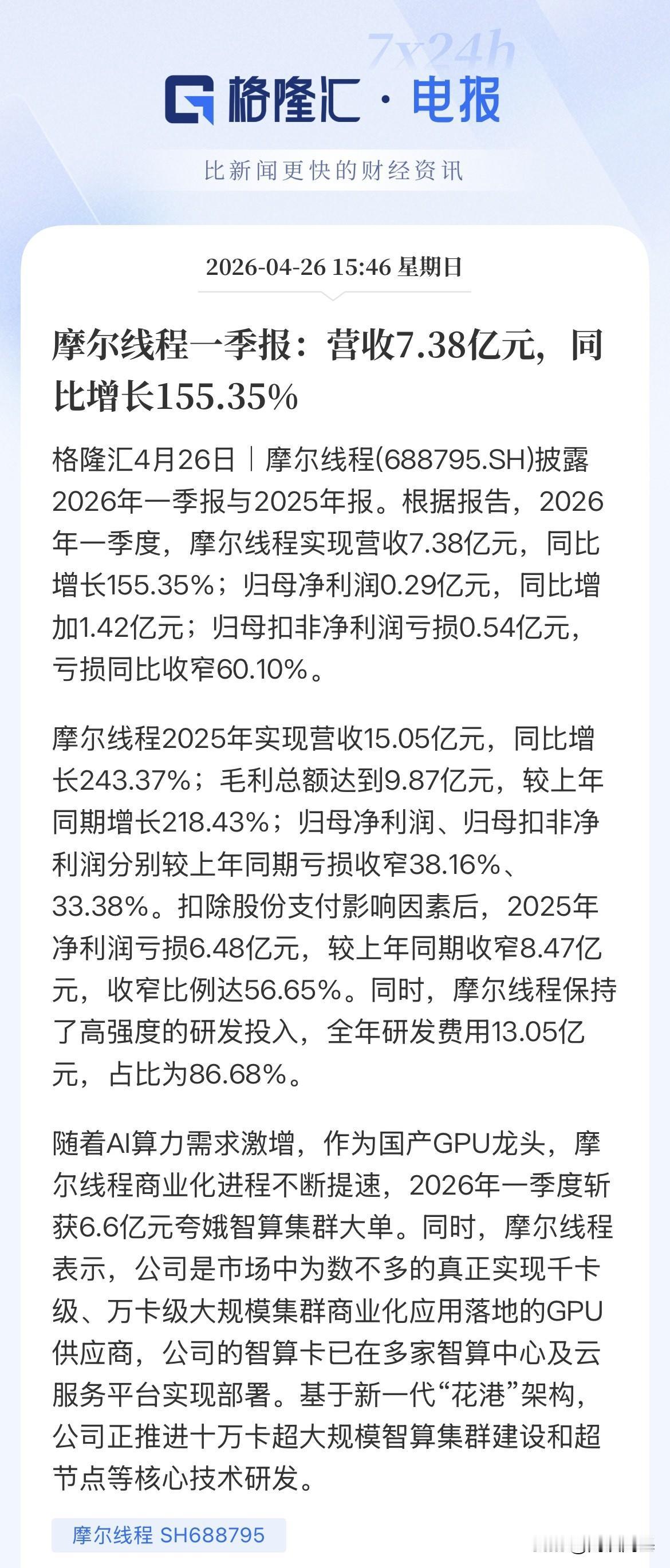 CPU利好！摩尔线程业绩超预期，扭亏为盈，盈利拐点或提前到来，从26日今天公布的