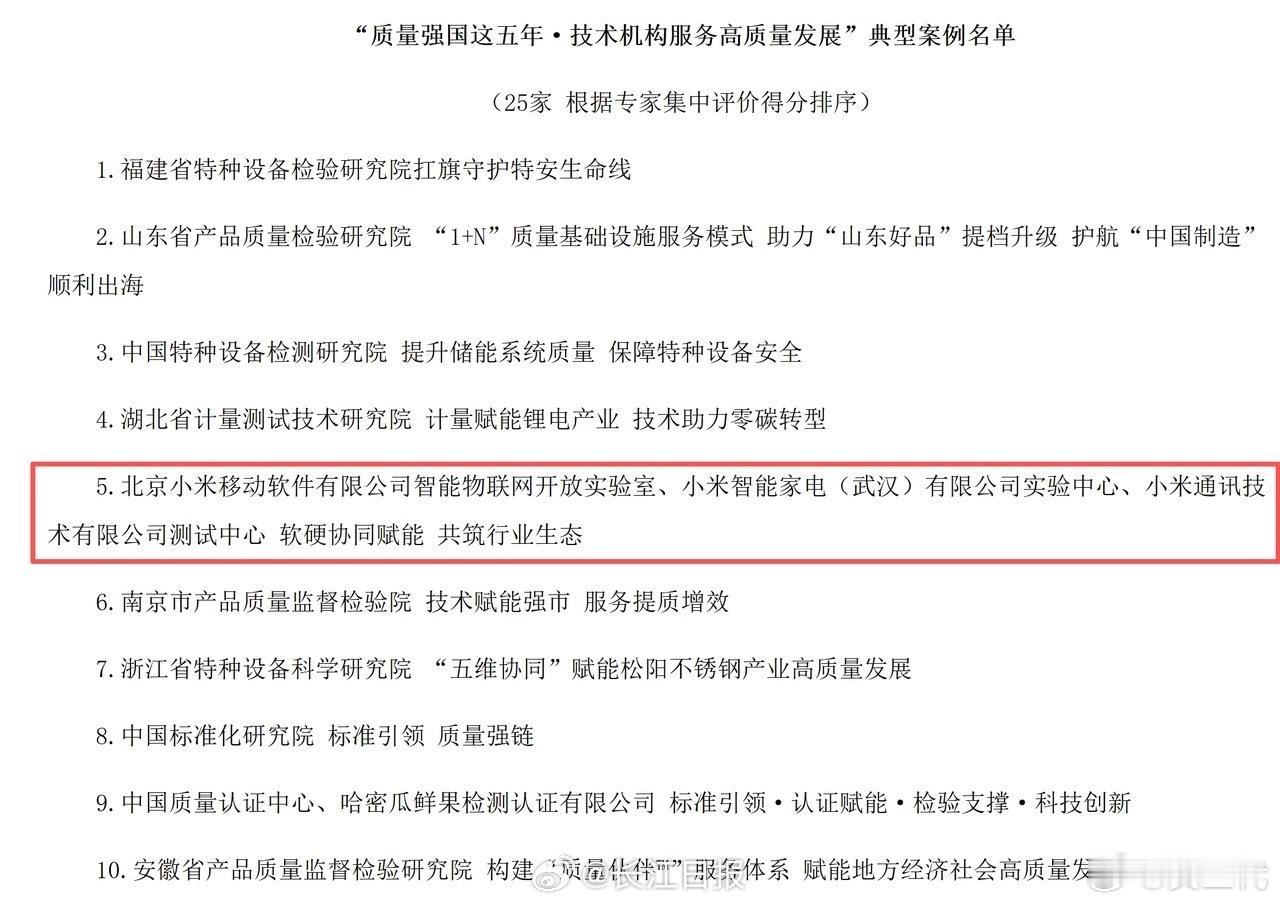 小米武汉智能家电实验中心、智能物联网开放实验室、测试中心入选“质量强国这五年·技
