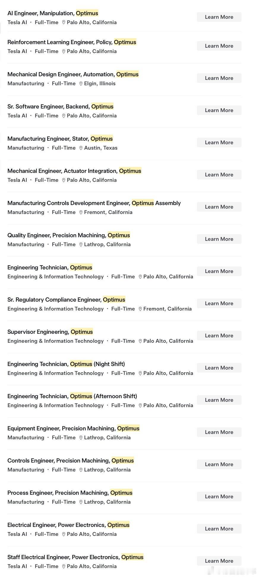目前特斯拉大概有110个关于机器人的岗位，正在推进明年量产 Optimus 的量