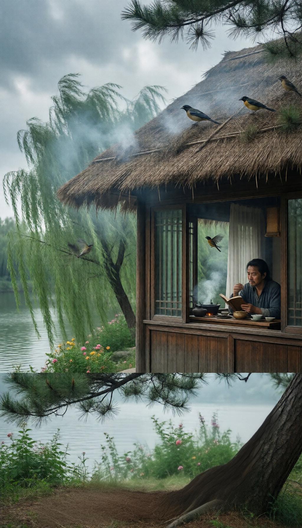 七律·闲居遣怀
 
烟绕茅檐柳拂堤，
一窗晴色伴莺啼。
闲烹野茗消尘虑，
静阅残