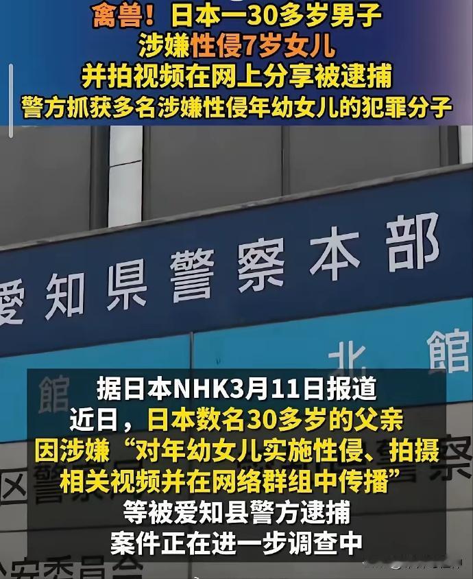 日本NHK3月11日消息，数名30多岁的父亲，因涉嫌实施性侵、拍摄相关视频在网络