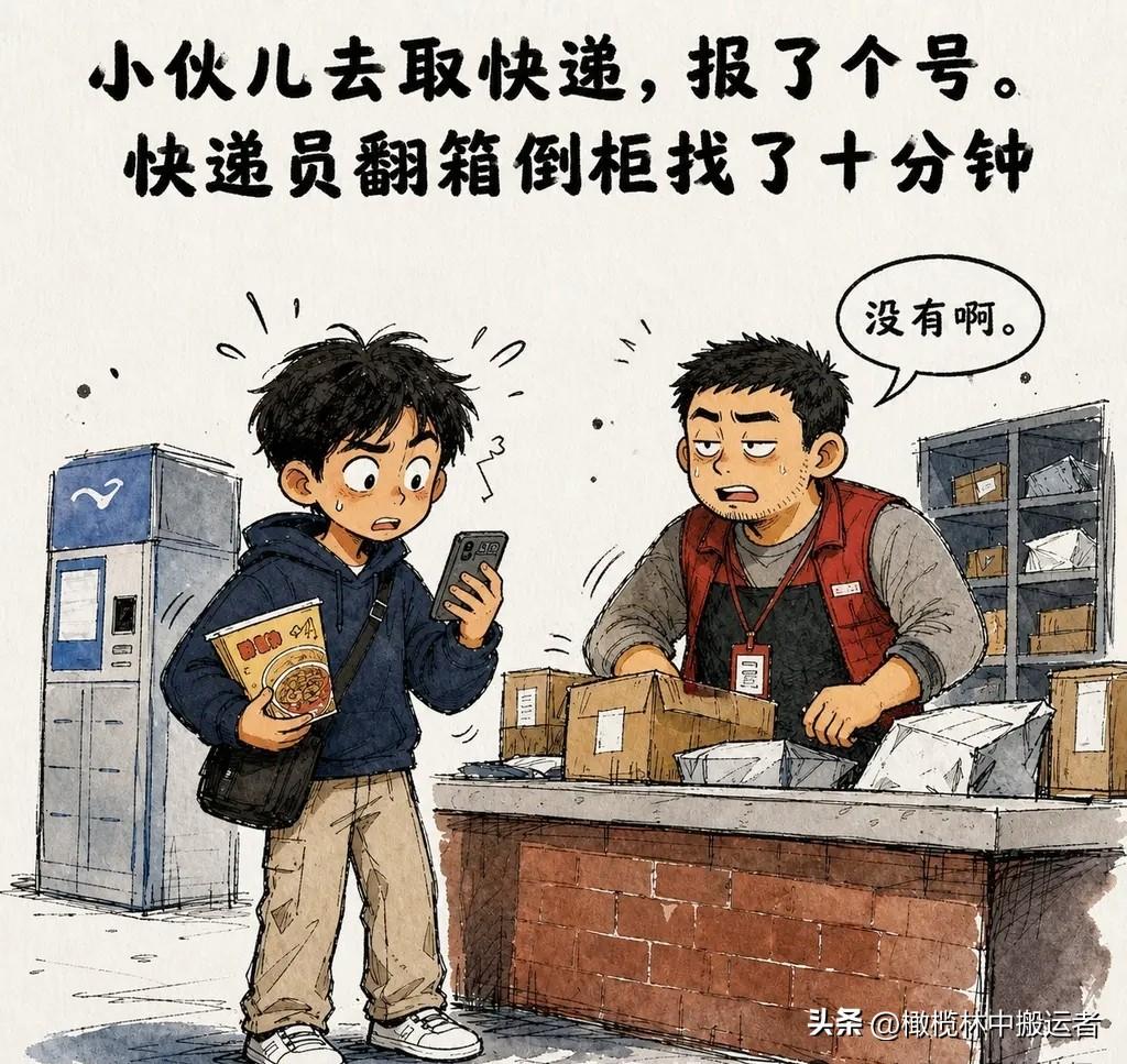 趣味漫画：小伙儿去取快递，报了个号。快递员翻箱倒柜找了十分钟：「没有啊。」小伙儿