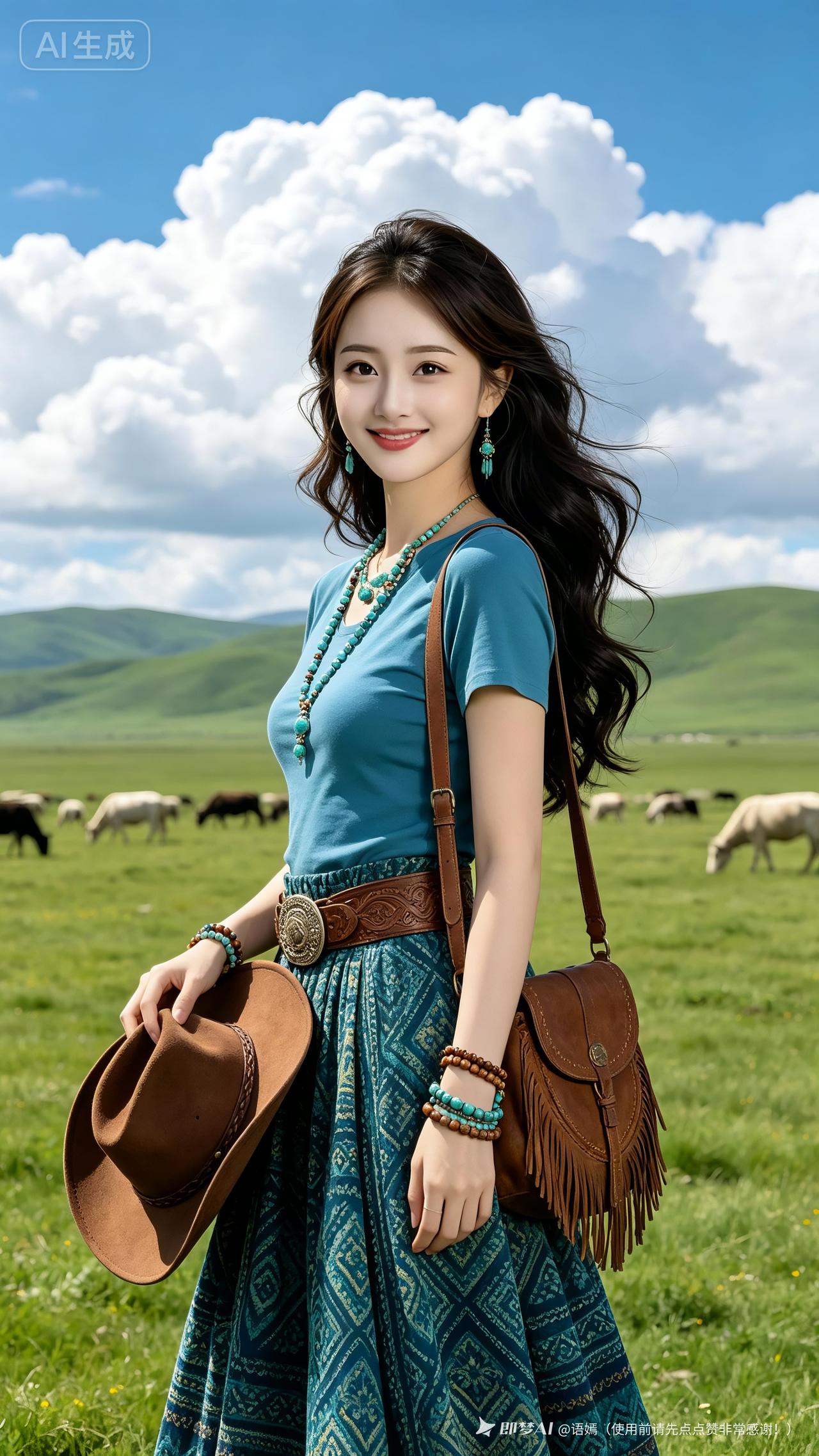 这姑娘在草原上好美啊！