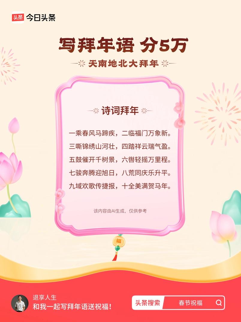 写拜年语送祝福新春拜年送祝福！我的祝福是：“一乘春风马蹄疾，二临福门万象新。三嘶
