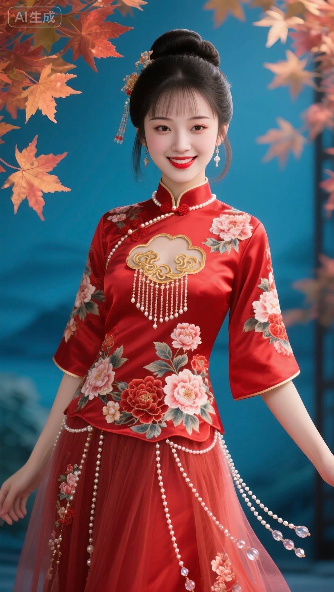 惊艳的汉服造型，红衣华美，花团锦簇，宛如画中仙子。