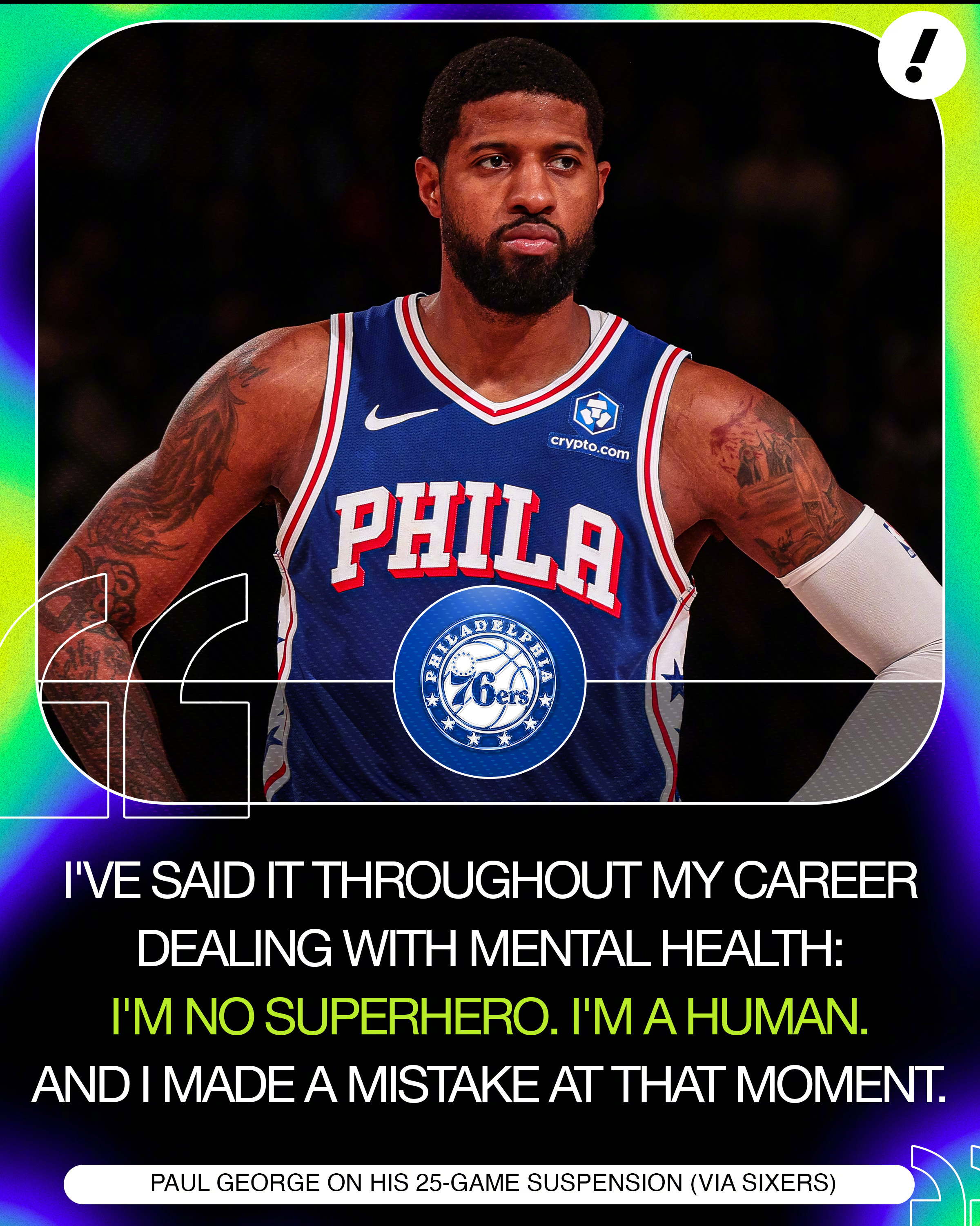 乔治的25场禁赛已经结束，他可以出战明天76人对阵公牛的比赛！乔治表示：我身体状