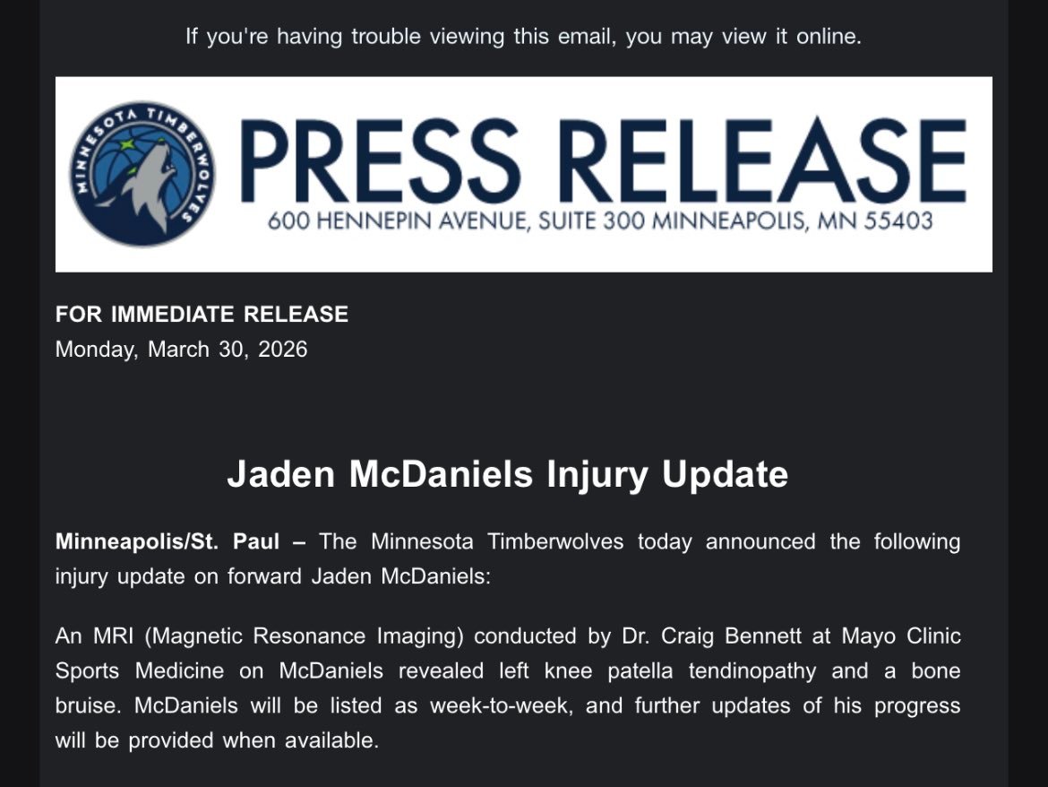森林狼官方：麦克丹尼尔斯遭遇左膝髌腱炎，并伴随骨挫伤。麦克丹尼尔斯被列入每周观察