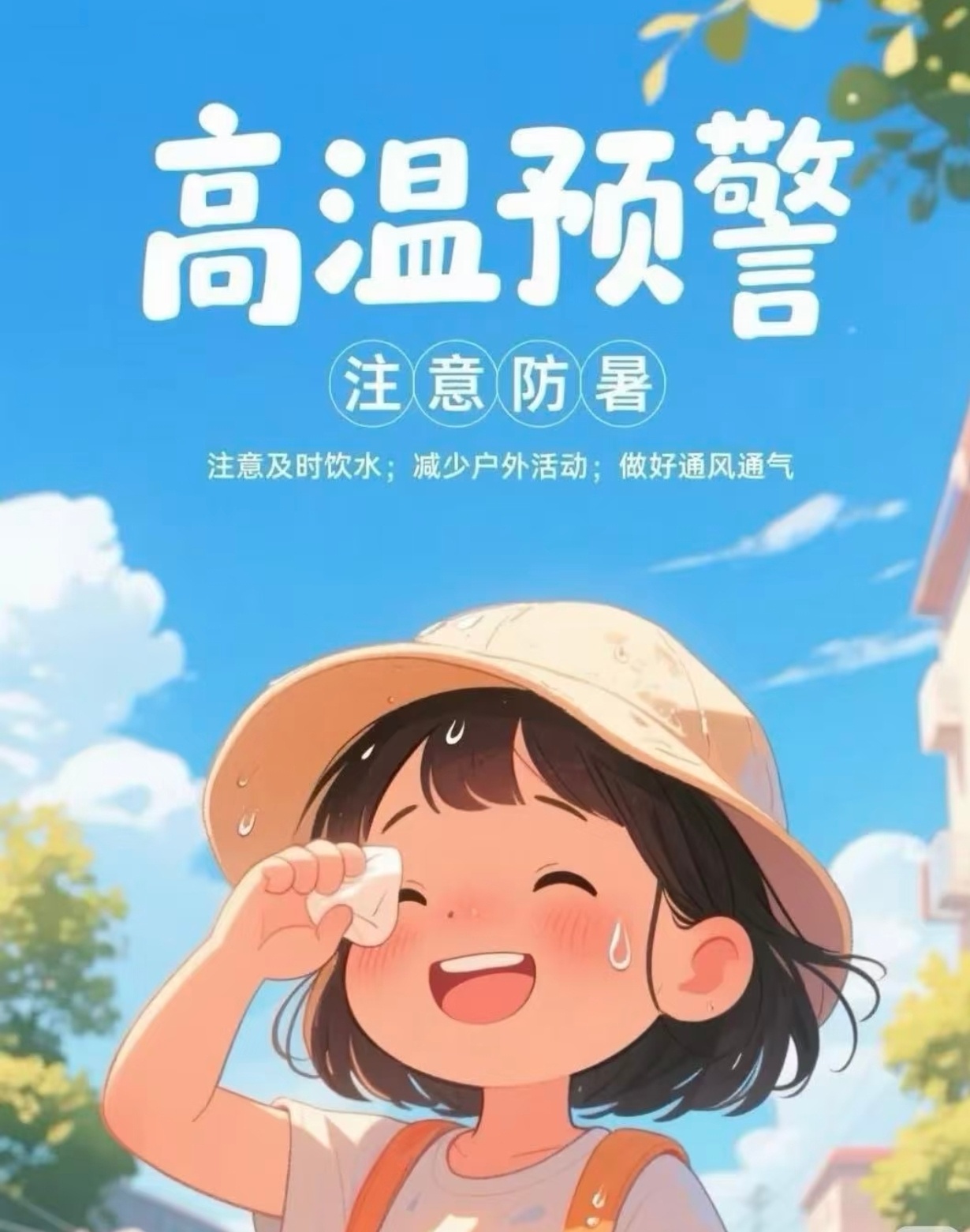 持续高温天气，防暑刻不容缓🧊高温天尽量避开正午外出及时补充水分，清淡饮食注意防