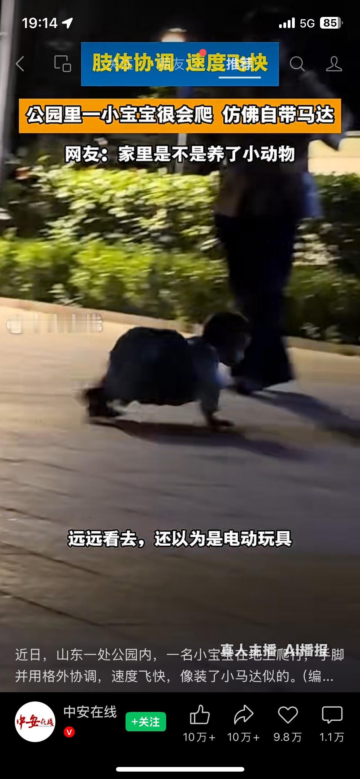 山东宝宝公园飞速爬行！网友调侃：远远一看，还以为是电动小马达
近日山东一处公园，