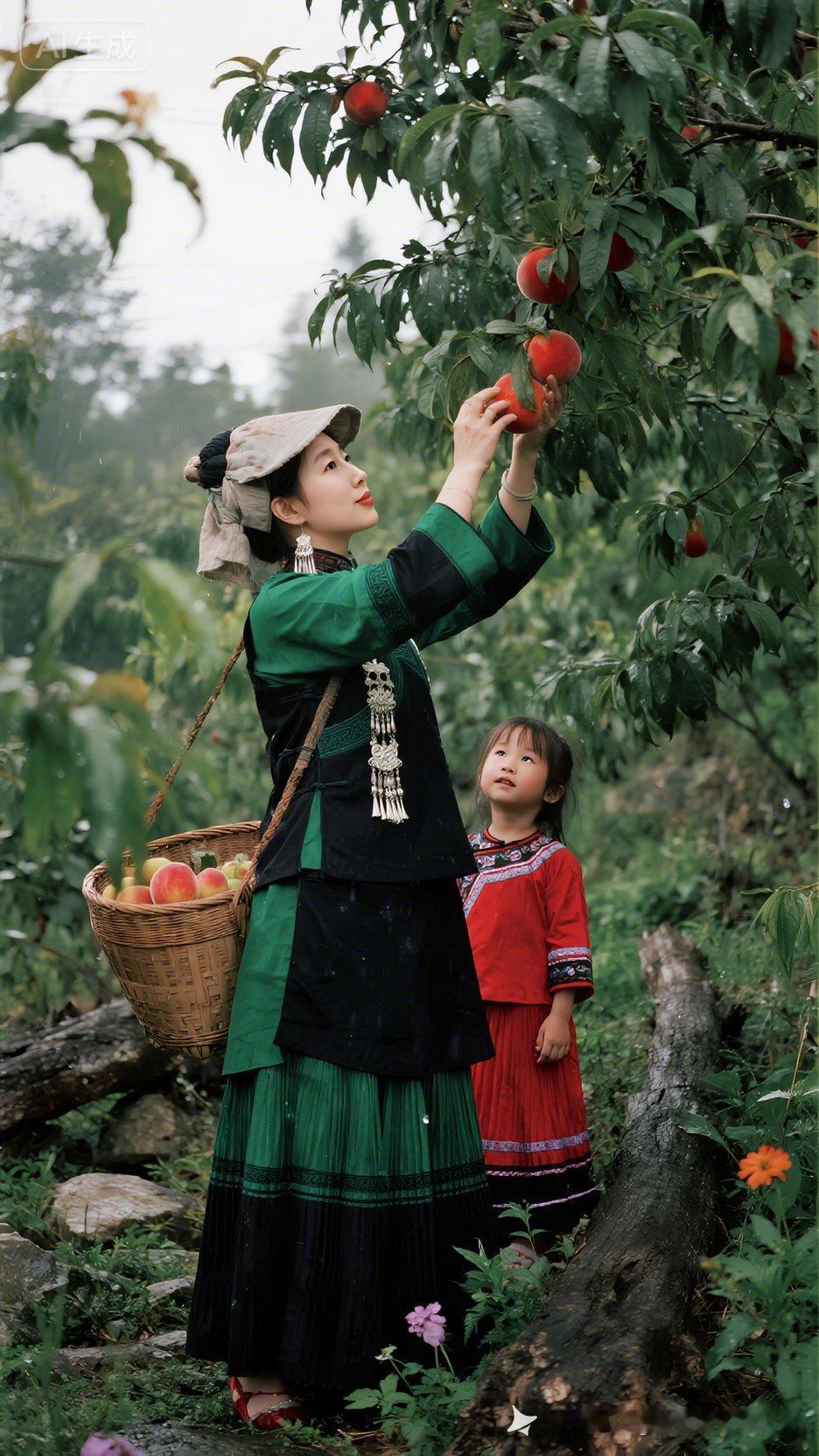 “丰收季节，母女采摘红苹果，幸福满满！”🍎👩‍👧🌿