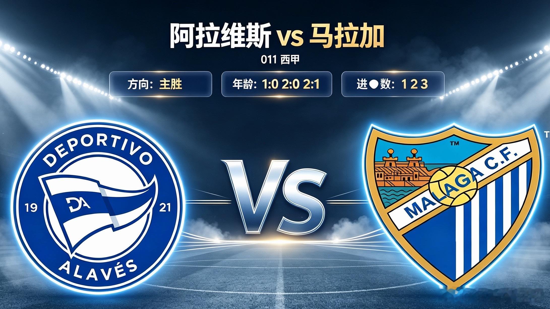 阿拉维斯 vs 马拉加011 西甲方向：主胜年龄：1:0 2:0 2:1进⚽数：