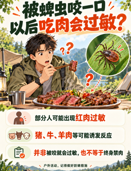 被蜱虫咬一口从此不能吃肉 天呐，被蜱虫叮咬可诱发α-半乳糖综合征，身体产生抗体后