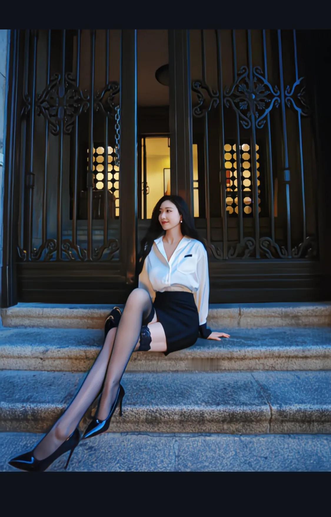 都市女郎的优雅姿态，黑白配色的时尚穿搭，咖啡馆里的悠闲时光。