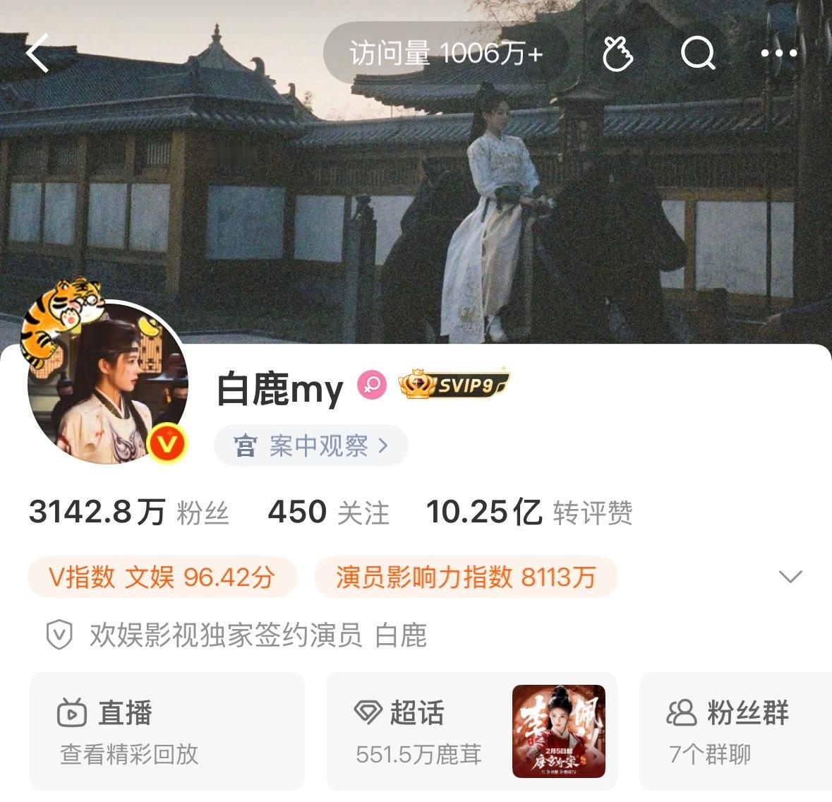 白鹿微博主页访问量破千万了！ 