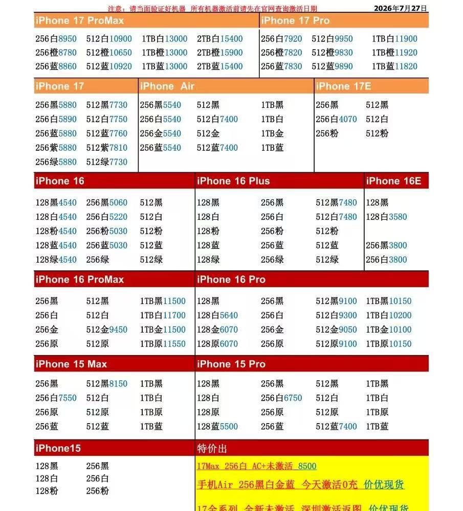 26年7月27日国行苹果手机系列价格更新，今天的17系列部分型号略涨，多数略涨一