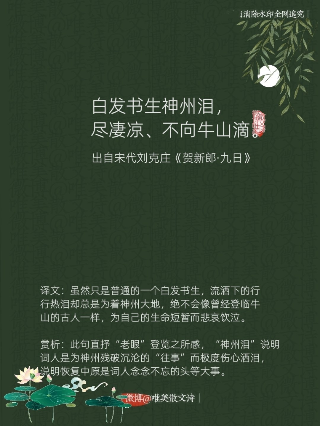 “白发书生神州泪，尽凄凉、不向牛山滴。”--宋代刘克庄 