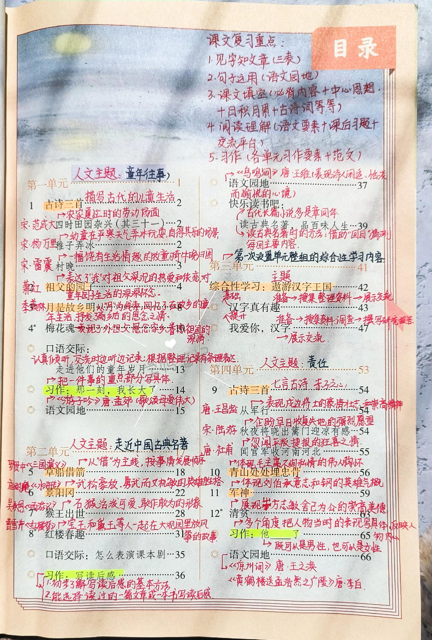 五下语文期末复习重点。五年级下册语文共有八个单元，其中一个单元是综合性学习，课文23篇，古诗11首（含日积月累），复习时字词部分关注课后三张表，句子关注语文园地，课文内容的学习包含必背内容，中心思想，日积月累，古诗词等，阅读理解部分关注每个单元的语文要素，以及课后习题和交流平台的内容。习作部分共七篇，每个单元习作有突出的习作要素练习。期末一起动起来吧！
