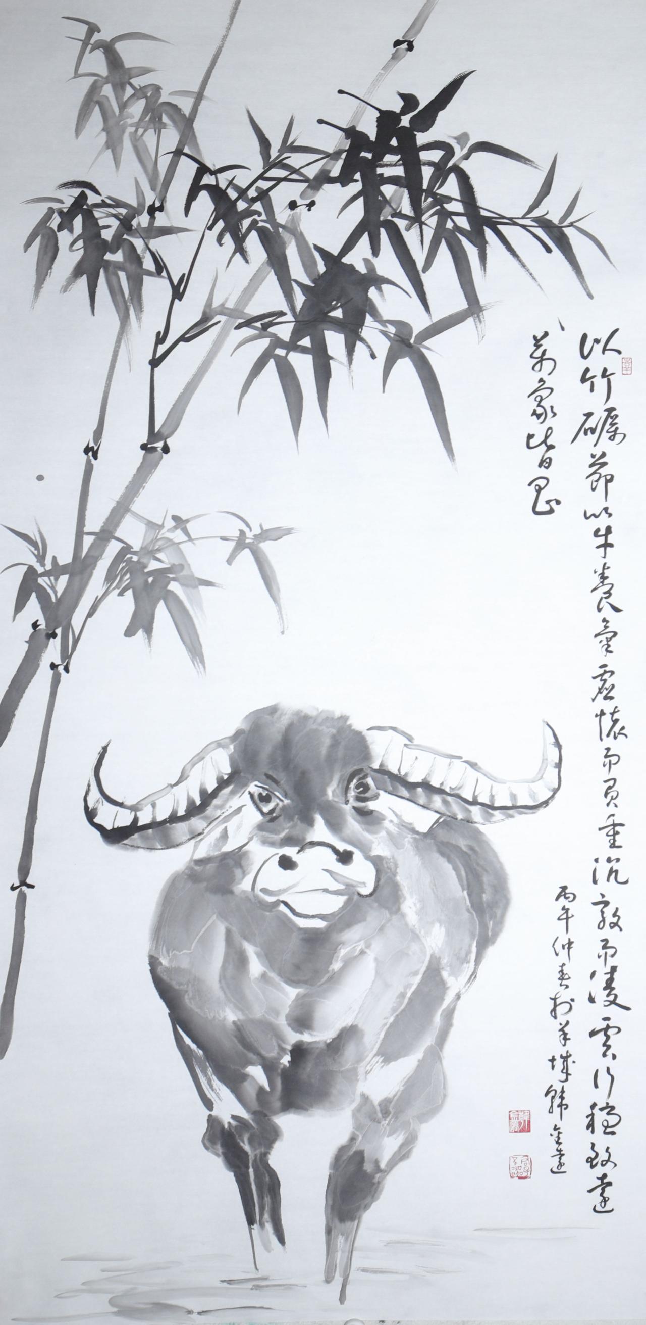 此幅纸本四尺中堂水墨《竹牛图》，为当代画家韩金远匠心之作。画中修竹挺劲，以清劲笔