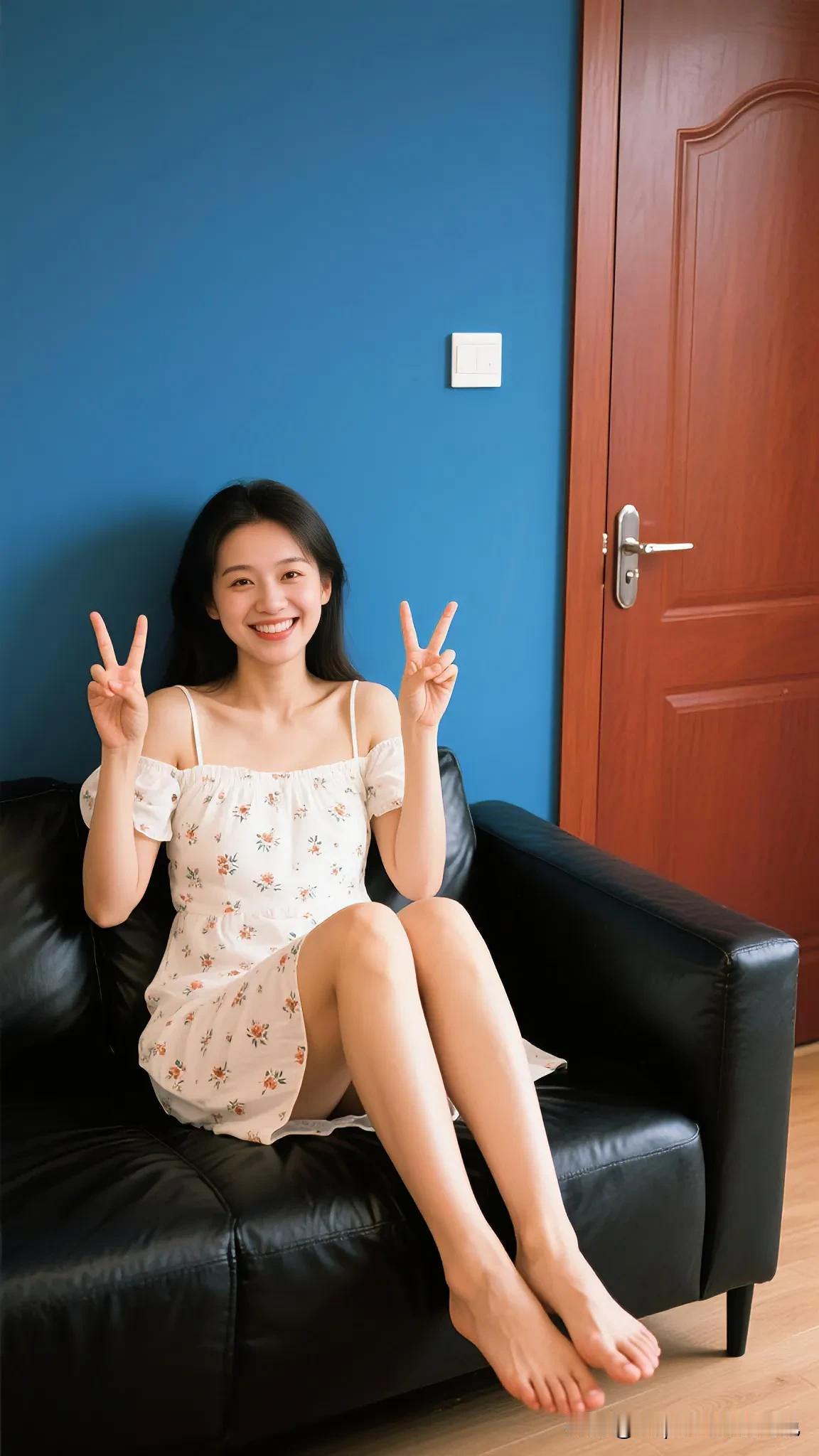 🌞 白色碎花裙搭配蓝色背景，轻松自在，做个阳光女孩！🌸💃🏻