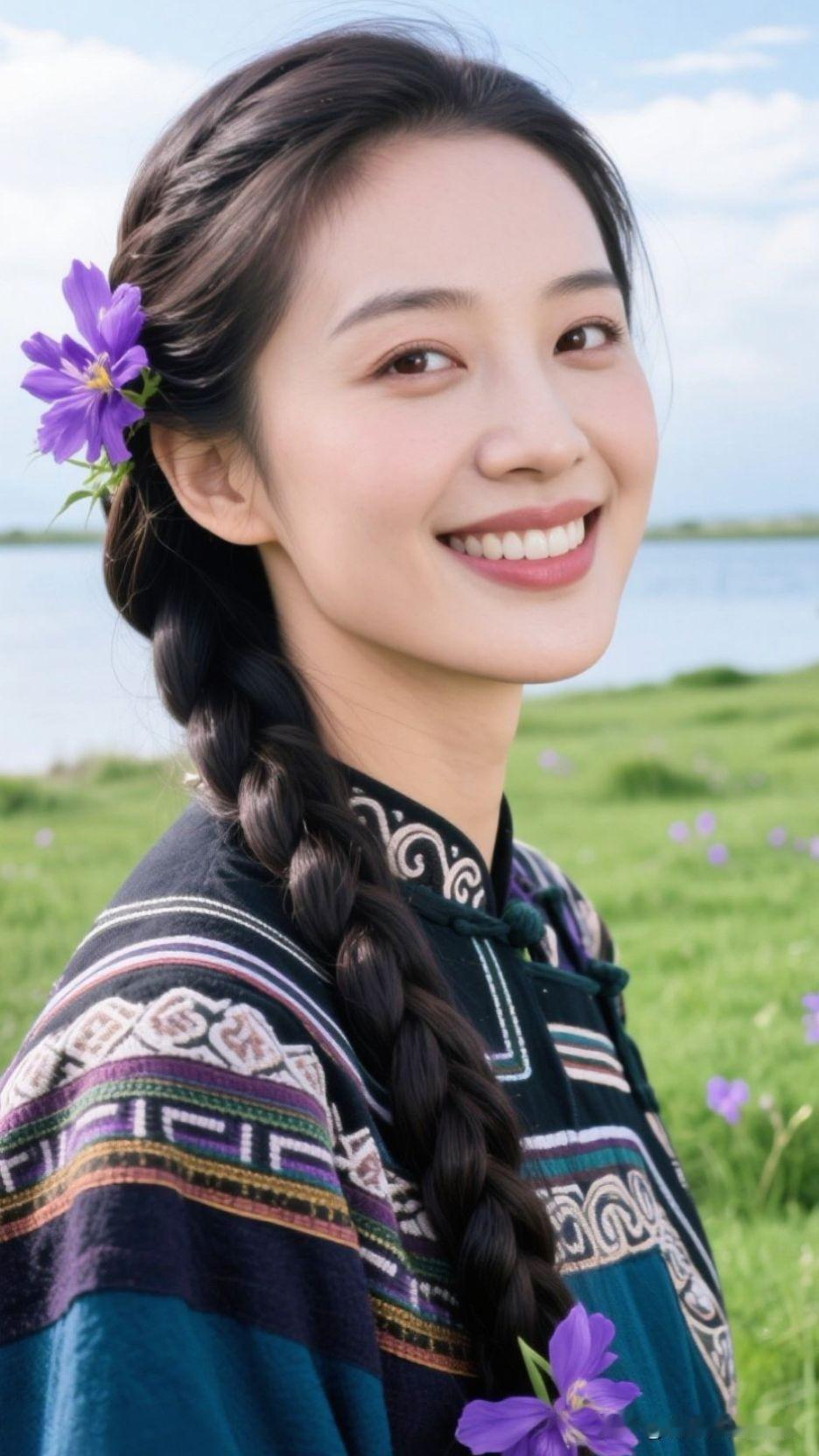 🌸 蓝紫花串成春的项链，发间藏着湖泊与晴空的私语，一笑就把山野的治愈都抖落出来
