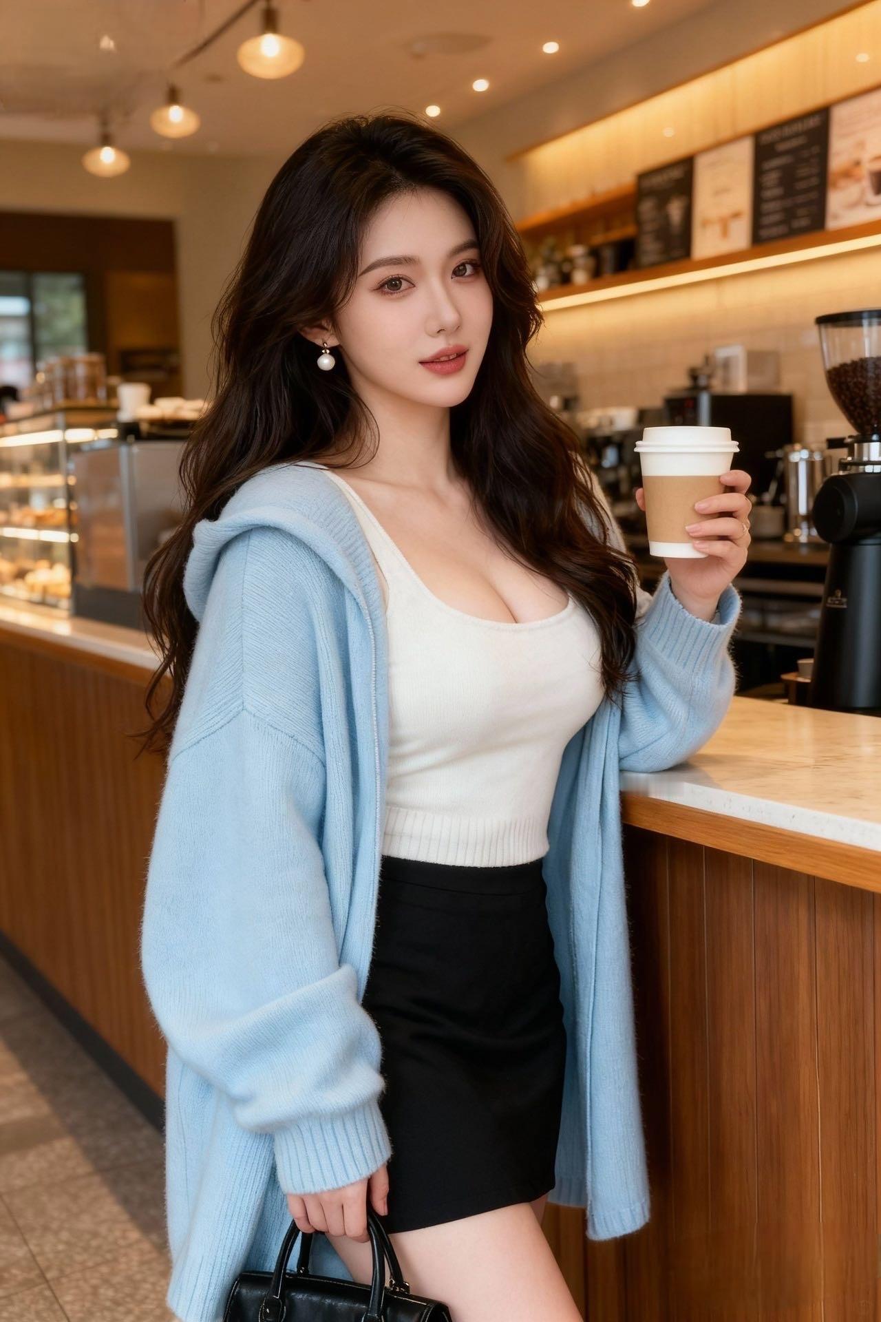 宝子们！今天是“咖啡厅氛围组”穿搭💙
奶蓝连帽开衫软fufu像裹了团棉花糖，