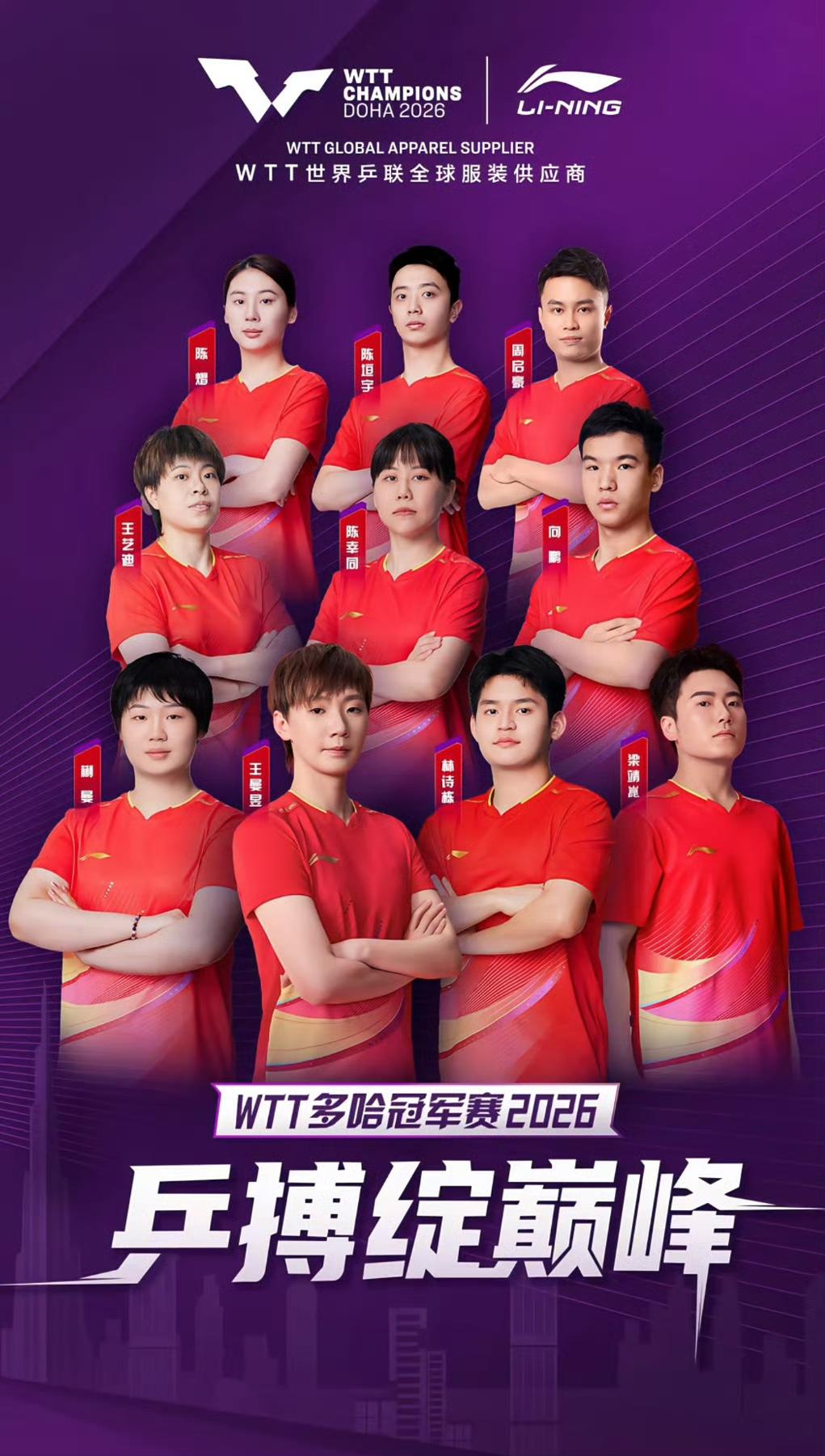 李宁公布WTT多哈冠军赛宣传海报！王曼昱、林诗栋率队征战新年WTT首赛，王曼昱作