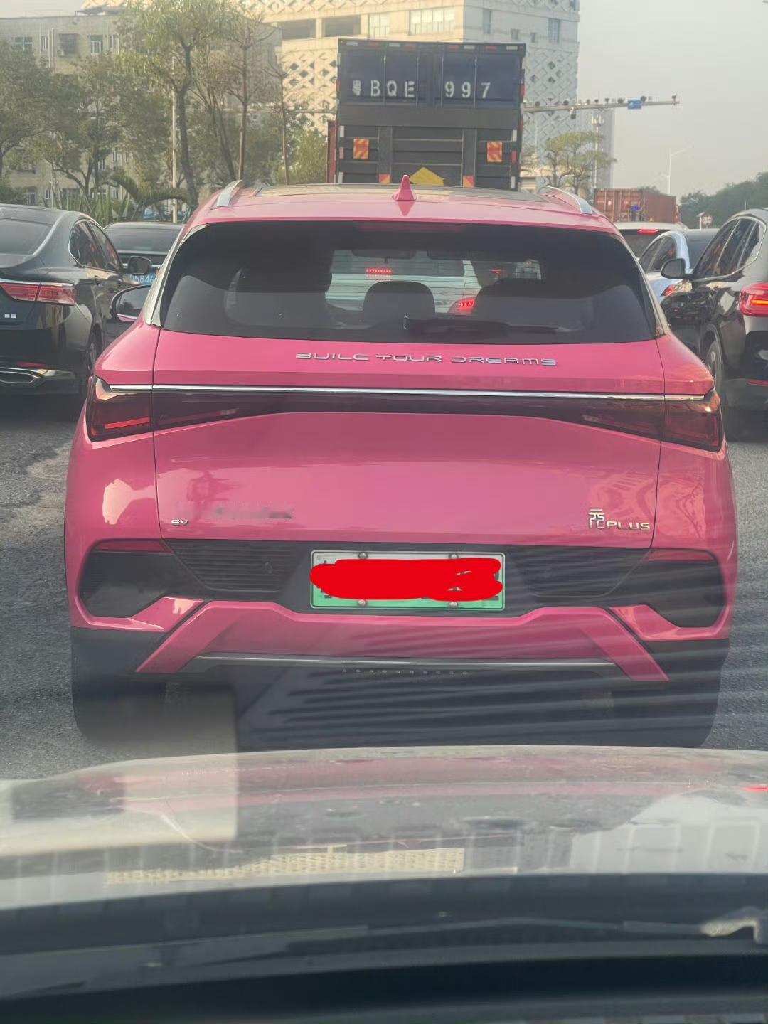 网友：粉色的比亚迪实在少见，这应该是贴了个车衣吧。再仔细一看，还是位有童心的“公