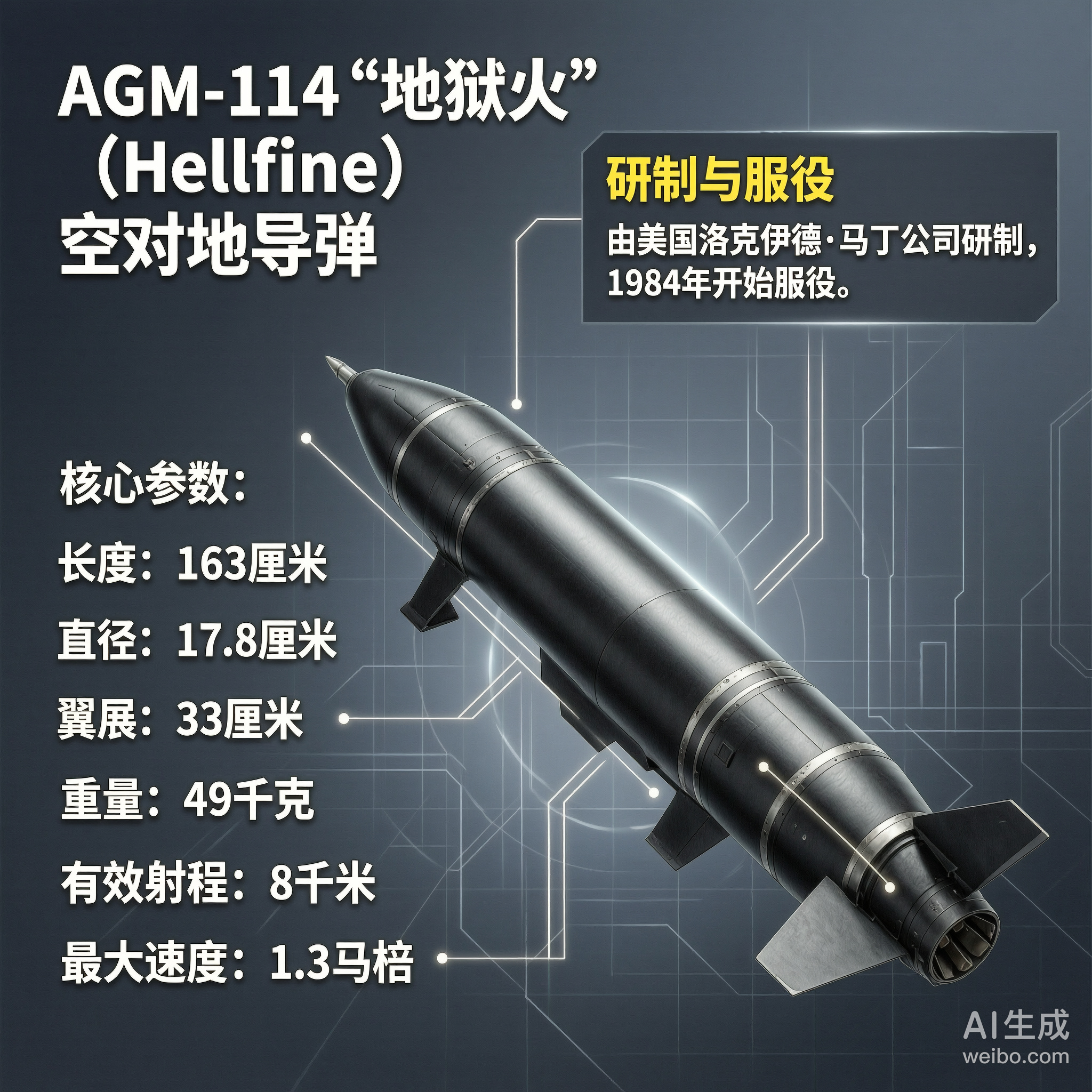军事ai新视野 美国AGM-114“地狱火”空对地导弹长度：163厘米直径：17