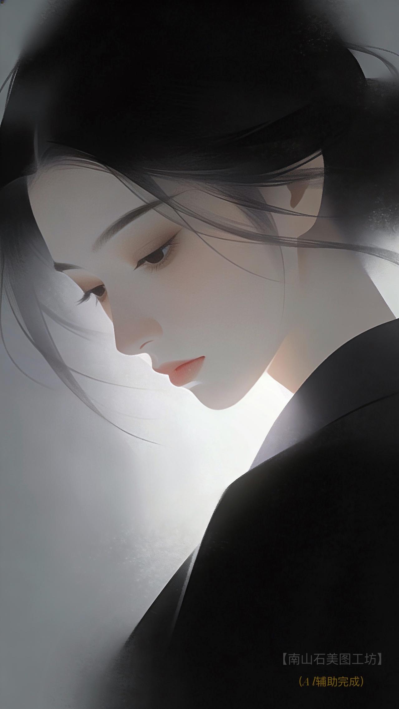 黑发如墨瀑倾泻，眉眼含情似秋水漾波，侧影于柔光中晕开诗意。素衣衬得身形清瘦，每缕