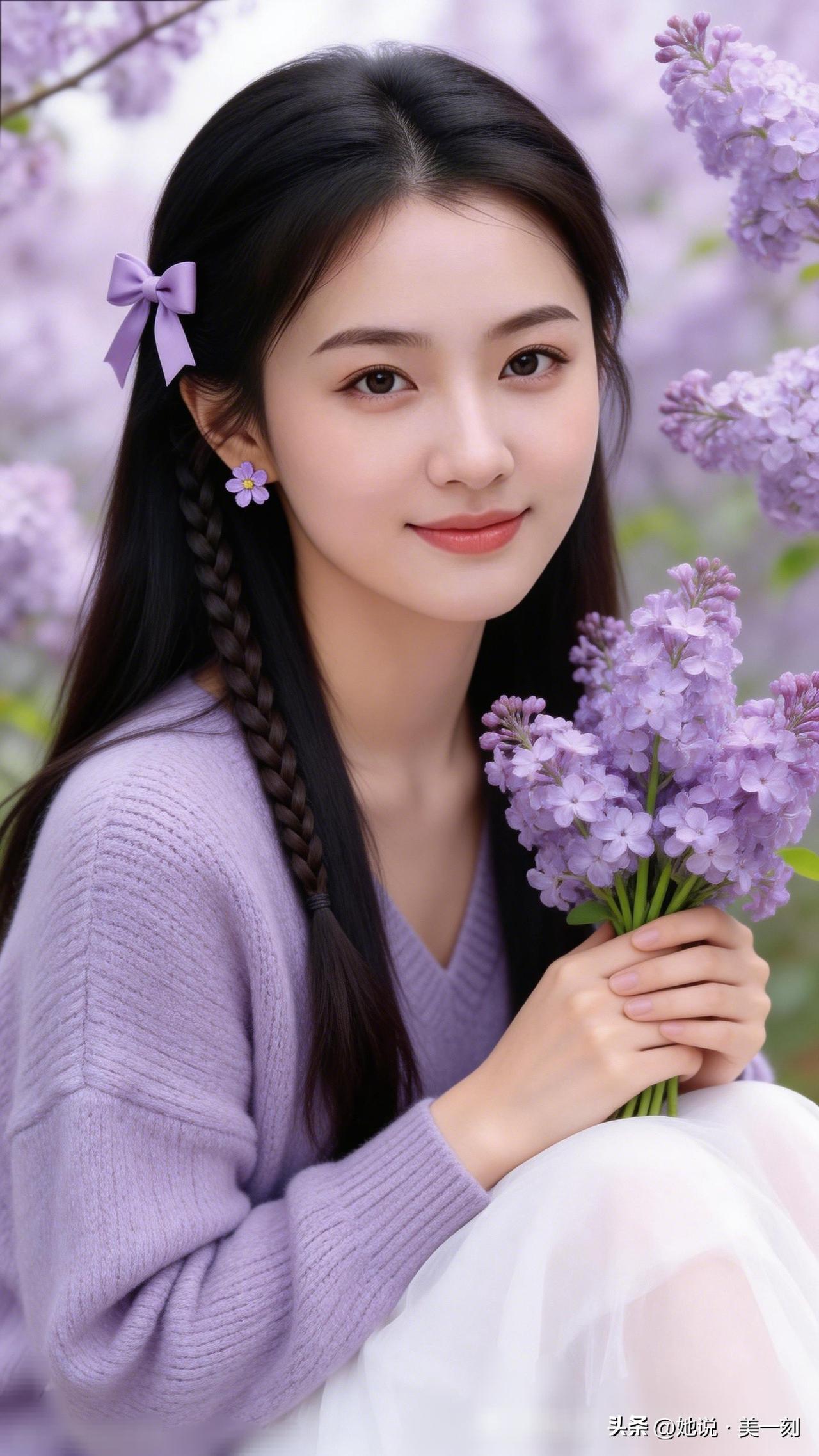 紫罗兰色的梦幻少女，花海中的甜美微笑 女星的春游美照