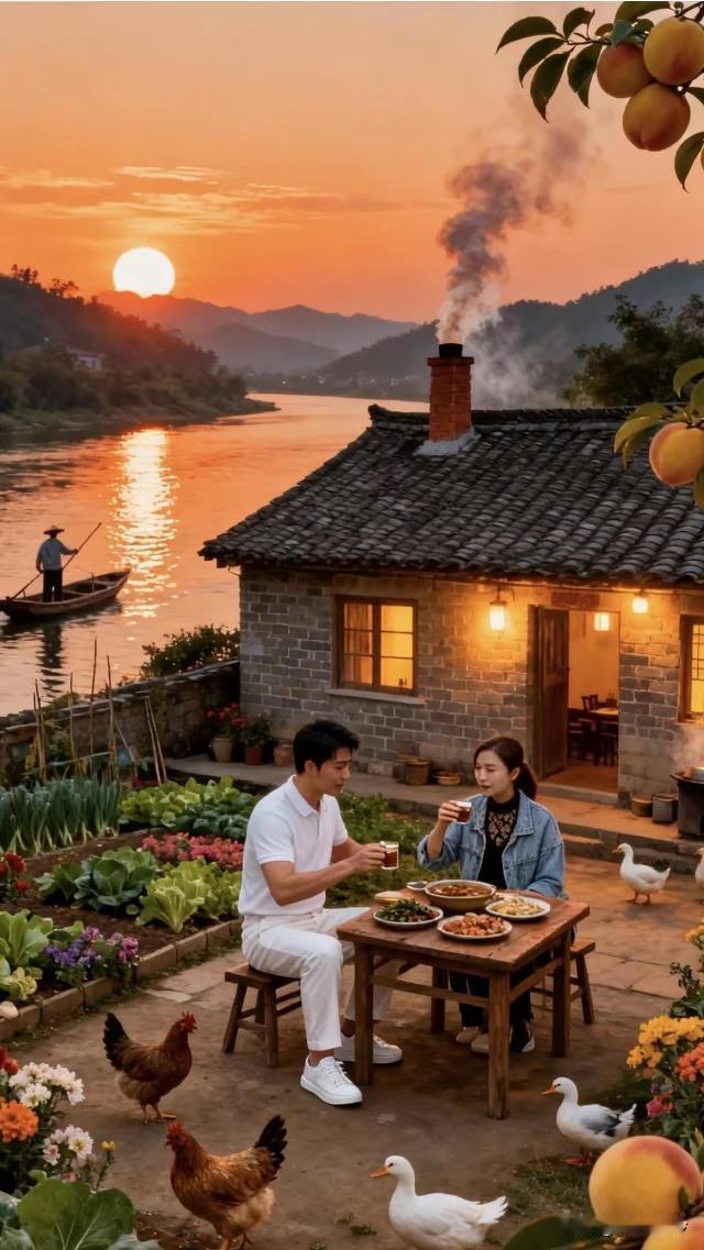 夕照江波染绛纱，
炊烟绕舍隐山斜。
庭前杯盏沾霞色，
温馨浪漫就是家。