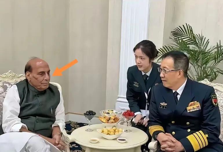 印度国防部长一脸呆木会客。